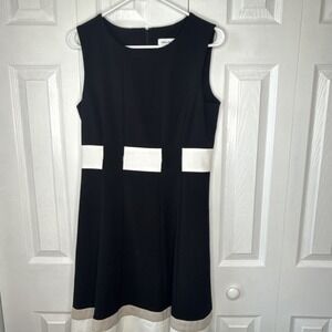 Calvin Klein Dress Womens Size‎ 8 Black White Tan Lined Career Flare Dressy